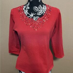 Uniform Petites Johnpaulrichard Red W/ Sequinens Stones 3/4 Sleeve Blouse Silk